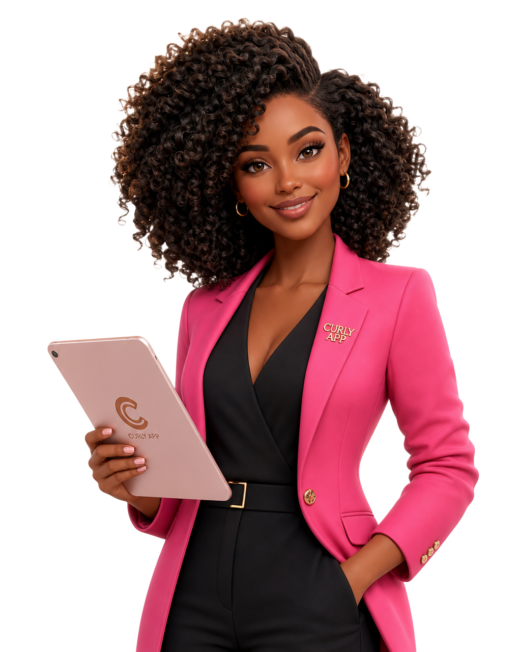 Mascote do CURLY App: consultora de cabelos crespos e cacheados segurando um tablet
